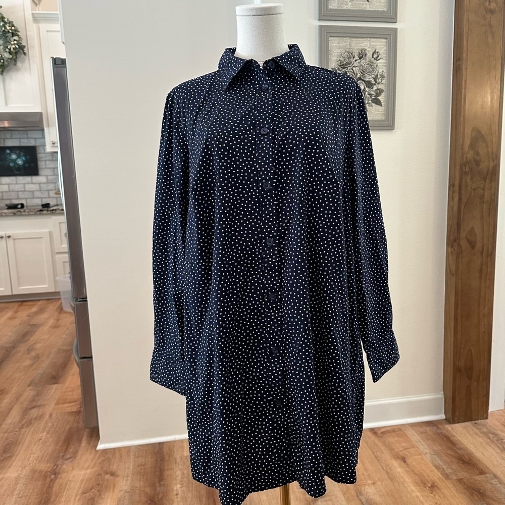 Women’s 14/16 Navy Blue Polkadot Button Down 100% Cotton Nautical Tunic Shirt - Picture 7 of 7